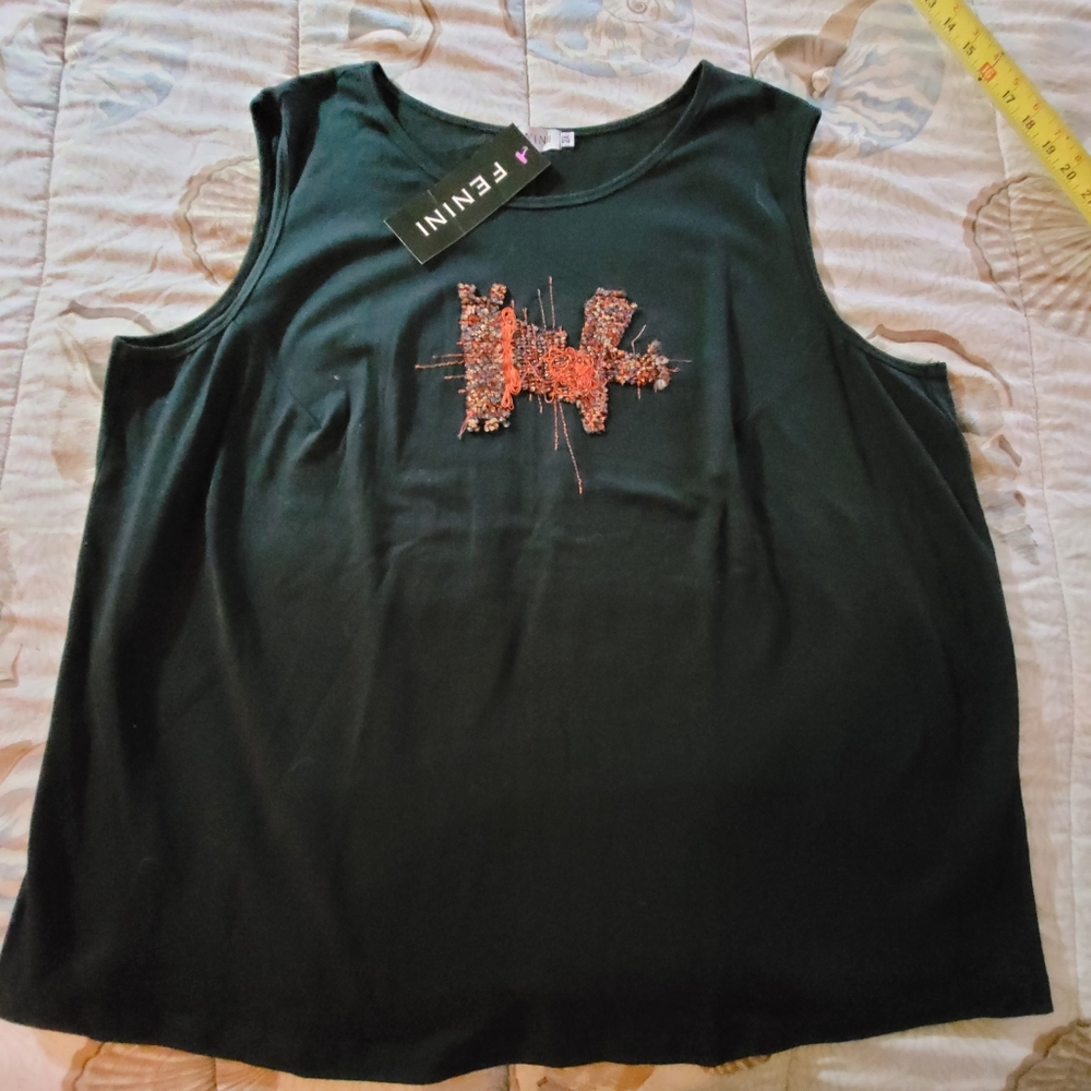 2X Plus Fenini Black Cotton Tank Top with Orange Embroidery